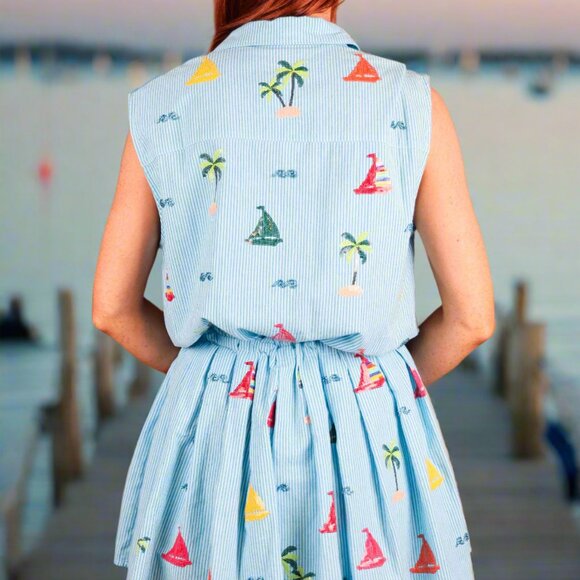 NWT Queen of Sparkles Blue Stripe Sail Boat & Palm Tree Icon Cotton Tie Dress - Picture 6 of 8